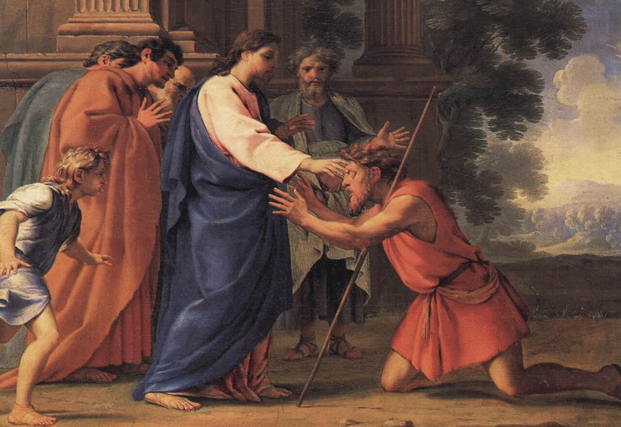 Ein Ölgemälde von Eustache Le Sueur mit dem Namen "Jesus heilt den blinden Mann". Bartimäus kniet vor Jesus. Dieser hält seine Hand schützend über Bartimäus' Kopf.