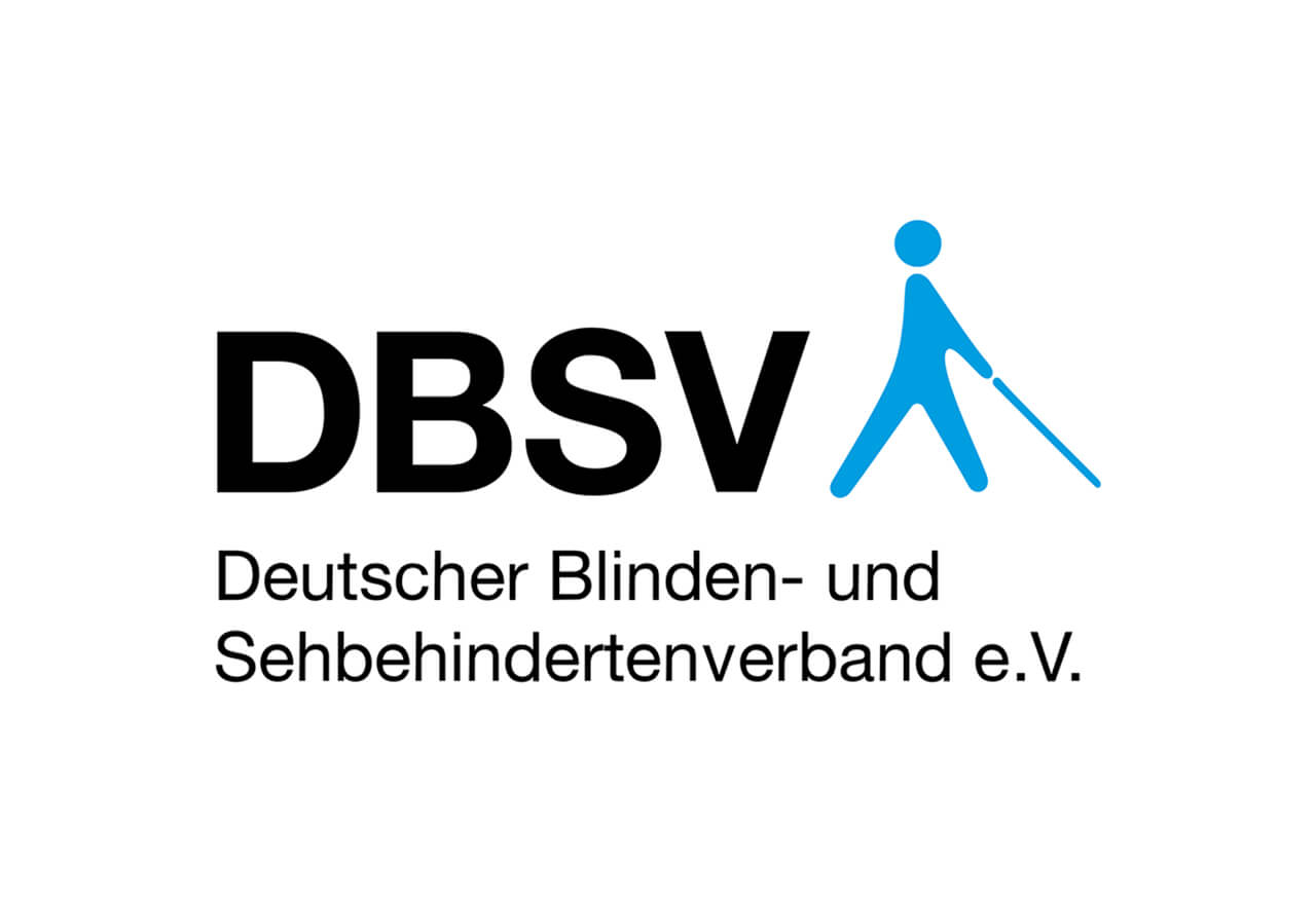 DBSV in schwarzen Buchstaben, daneben in blau eine Person mit Stock. Darunter in schwarz "Deutsches Blinden- und Sehbehindertenverband e.V."