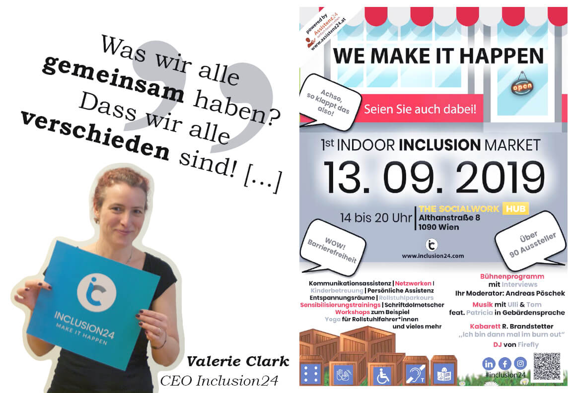 Links: Foto von Valerie Clarke, CEO inclusion24, mit Zitat "Was wir alle gemeinsam haben? Dass wir alle verschieden sind." Rechts: Die grafische Einladung zur Veranstaltung