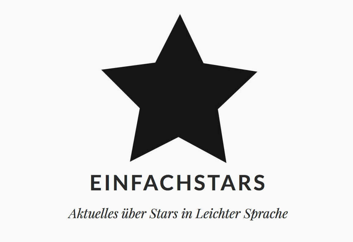 Logo von einfachstars. Es besteht aus einem schwarzen einfachen Stern, darunter steht "Einfach Stars – Aktuelles über Stars in leichter Sprache"