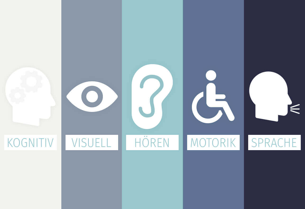 Grafik mit allen Symbolen für Barrierefreiheit und wofür sie stehen: Kopf mit Zahnrädern für Kognitiv, Auge für Visuell, Ohr für Hören, Rollstuhl für Motorik und Kopf mit Strichen die aus dem Mund kommen für Sprache
